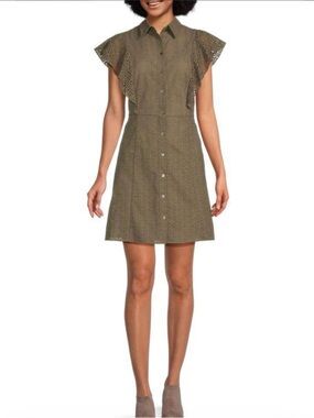 Theory Eyelet Mini Dress Size 4 Olive Green Button Front Collared A-Line